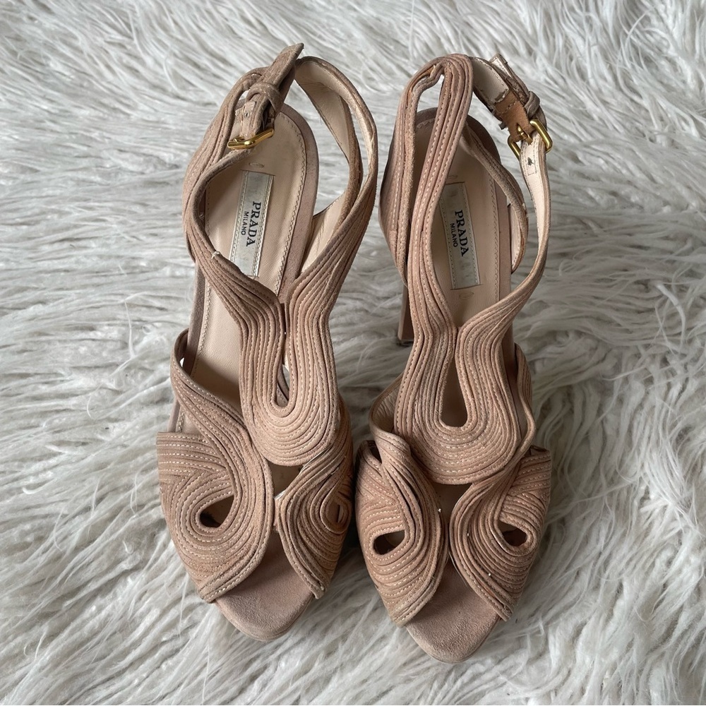 Prada Suede Beige Platform Slingback Peep Toe Swirl Stitch Heeled Sandals 37.5 - Picture 5 of 9